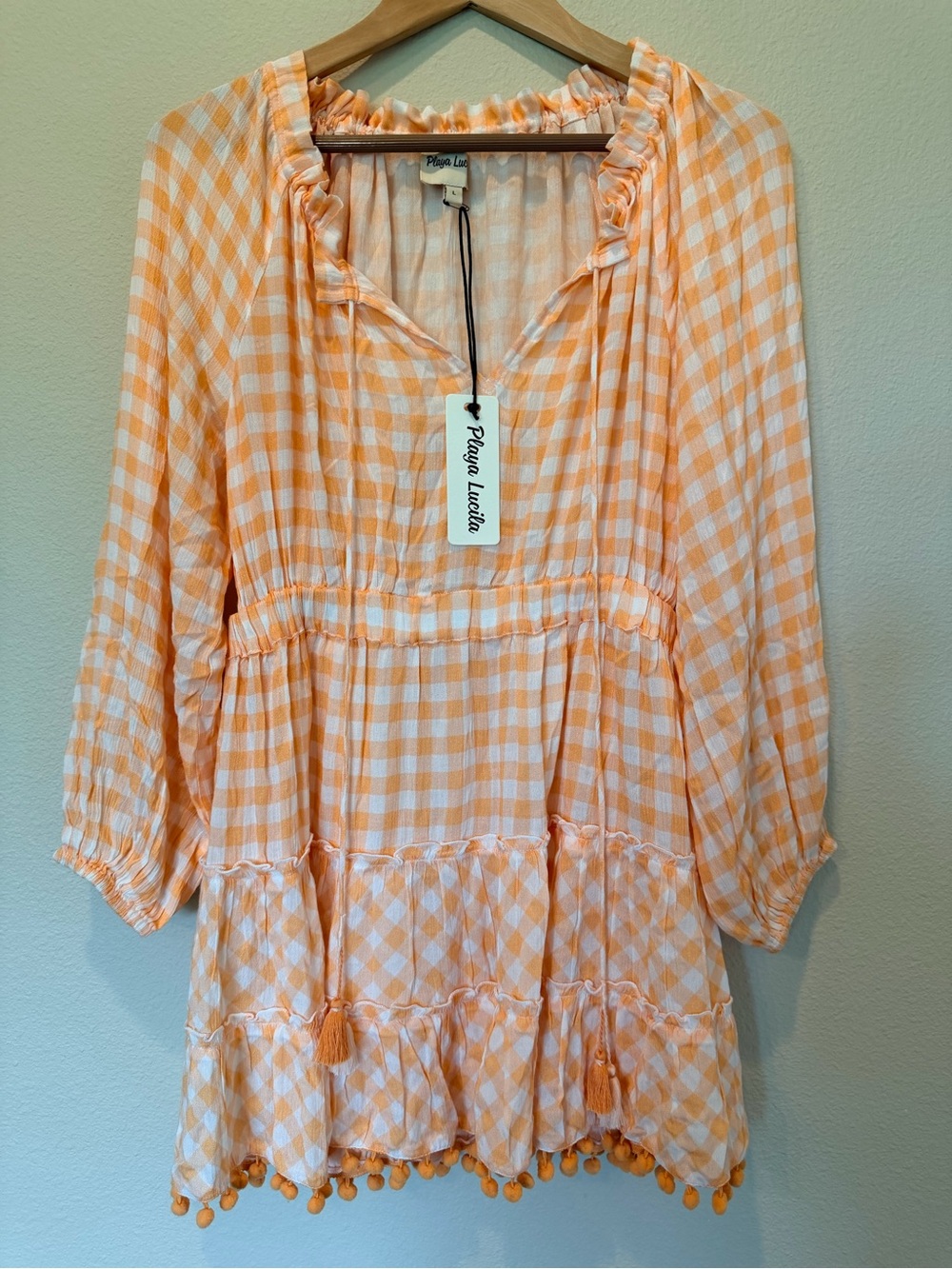 Playa Lucila Orange Gingham Pom Pom Mini Dress Size Large NWT #0390